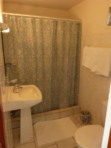 a bathroom with a sink and a shower curtain at Airport hotel in Ducos