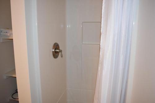La salle de bains est pourvue d'une douche avec rideau de douche blanc. dans l'établissement Gorgeous View Motel, à Watkins Glen