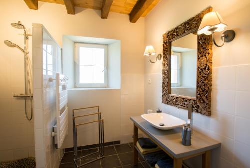 y baño con lavabo y espejo. en Chambres d'Hôtes L'Oustralac, en La Chapelle-Aubareil