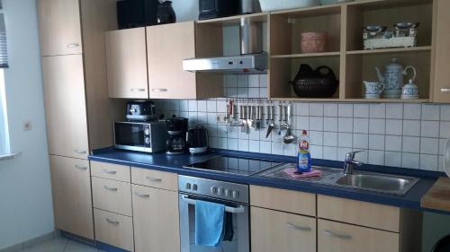 cocina con fregadero y fogones horno superior en Ferienwohnung Ebeling under stars en Dassel