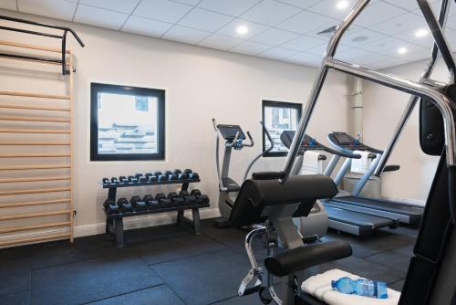 a gym with treadmills and machines in a room at U Boutique Kinneret by the Sea of Galilee in Tiberias