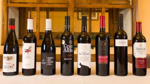 a group of wine bottles sitting on a shelf at Hospedium Hostal Restaurante El Mirador de Atienza in Atienza