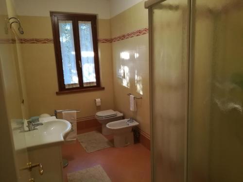 a bathroom with a toilet and a sink and a shower at Il Giardino degli Ulivi in Rapolano Terme