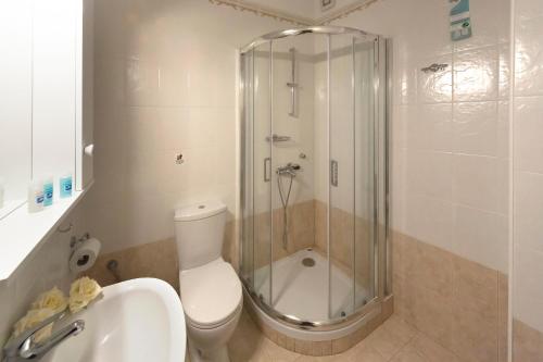 a bathroom with a shower and a toilet and a sink at Antouanetta Apartments in Ermoupoli