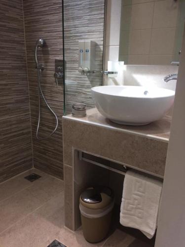 a bathroom with a sink and a shower at Waterside Apartments in Ayia Evfimia