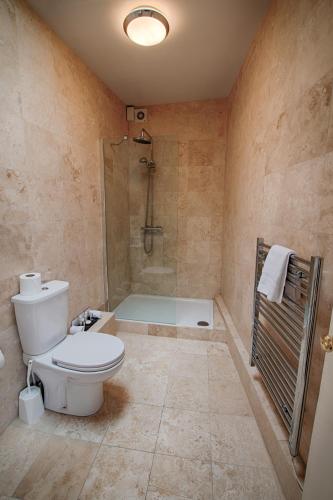 a bathroom with a toilet and a shower and a tub at The Saracens Head Hotel - The Coaching Inn Group in Great Dunmow
