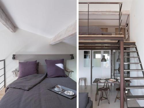 1 dormitorio con 1 cama y 1 loft con escalera en La Suite de la Maison du Village, en Gassin