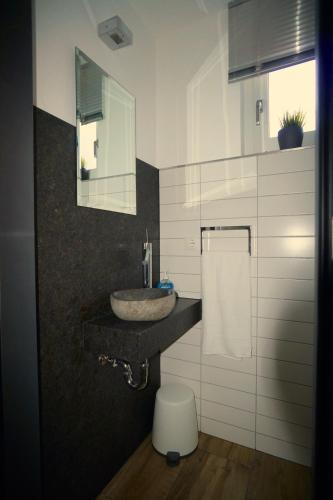 uma casa de banho com um lavatório e um espelho em FeWo Dansenberg em Kaiserslautern