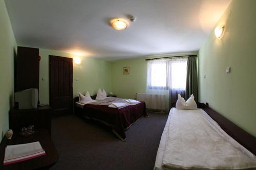 a hotel room with two beds and a window at Vila Gal in Lacu Rosu