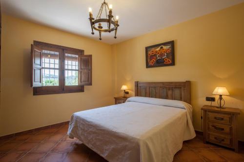 1 dormitorio con cama, ventana y lámpara de araña en La Solana De Domingo, en Viñuela