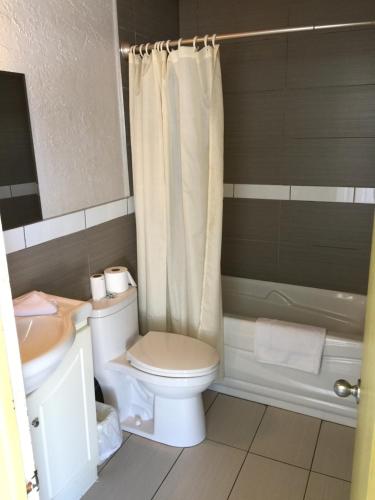 a bathroom with a toilet and a sink and a tub at Motel la Siesta de Gascon in Terrebonne