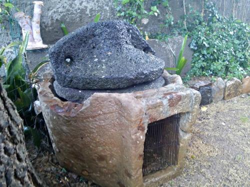 a stone bird feeder in the yard at Zia Chiarina in San Nicolò Gerrei