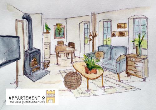 a drawing of a living room with furniture and a fireplace at Burggarten Appartements Neuleiningen in Neuleiningen
