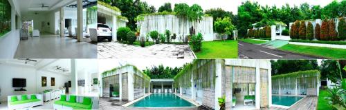 a collage of photos of a building with a pool at Villa Putih Lovina in Lovina
