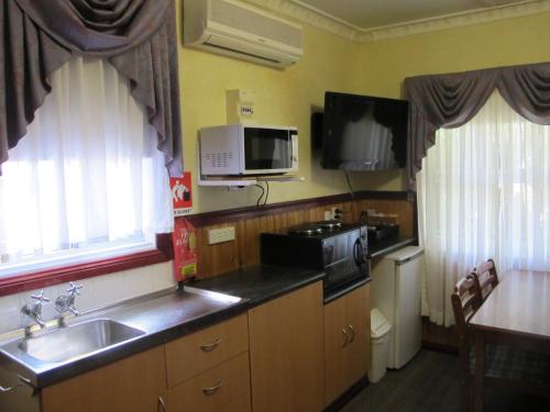 a kitchen with a sink and a microwave at Cedar Lodge Cabins in Mount Victoria