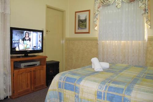 a hotel room with a tv and a bed at Cedar Lodge Cabins in Mount Victoria