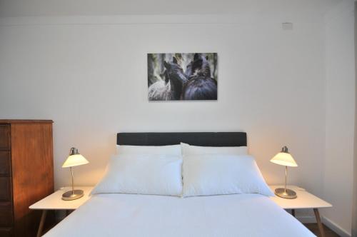 a bedroom with a bed with two lamps on tables at Leski Club in Jindabyne