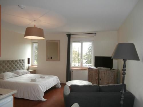 um quarto com uma cama, um sofá e uma televisão em Résidence La Providence ZENAO Lisieux em Lisieux