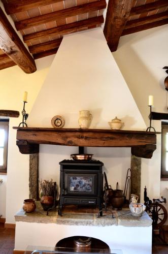 a fireplace in a living room with a stove at Casale I Burroni in Arezzo