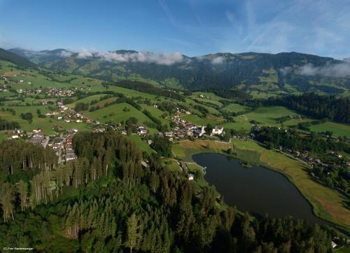 an aerial view of a valley with a lake at Unterhofgut in Goldegg