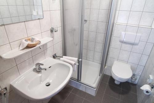 a bathroom with a sink and a shower and a toilet at Landgasthof Zur Post in Zilshausen