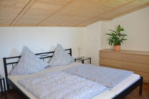 Un dormitorio con una cama con almohadas y una planta en Gästehaus Waldecker, en Boos