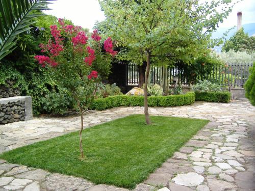 two trees in a garden with grass and flowers at La Tavernetta in Randazzo