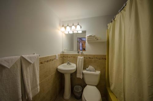 Compass Family Resort في وايلدوود كريست: حمام مع مرحاض ومغسلة ومرآة