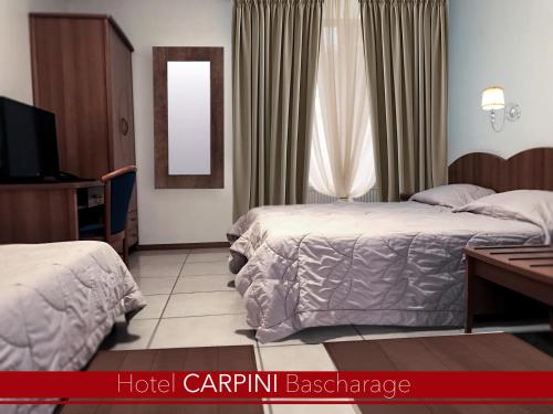 a hotel room with two beds and a television at Hotel Carpini in Bascharage