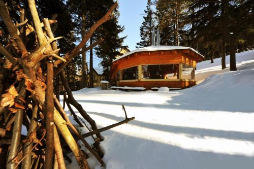 a small wooden cabin in the snow with trees at Hotel Vivaldi in Karpacz