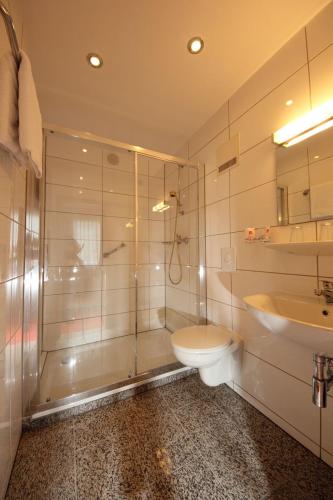 a bathroom with a shower and a toilet and a sink at Hotel Rheinfels in Sankt Goar