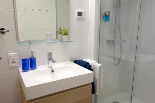 La salle de bains est pourvue d'un lavabo et d'une douche. dans l'établissement Arles Getaway - La Suite Arlésienne, à Arles