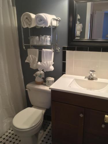 a bathroom with a toilet and a sink and a mirror at Whitman Motor Lodge in Huntington