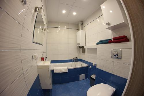 a bathroom with a sink and a toilet in it at Family Apartments in Racibórz