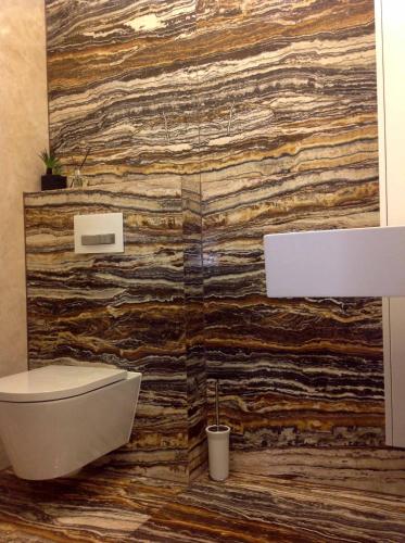 a bathroom with a toilet and a stone wall at Apartments at Commodoro in Villeneuve-Loubet