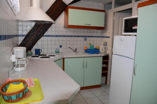 uma cozinha com um frigorífico branco e um lavatório em Gîte La Maison Bleue em Bergheim