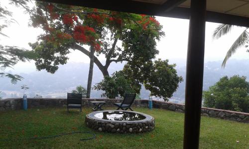 a fire pit in the grass with two chairs and a tree at The Buena Vista Kandy in Kandy