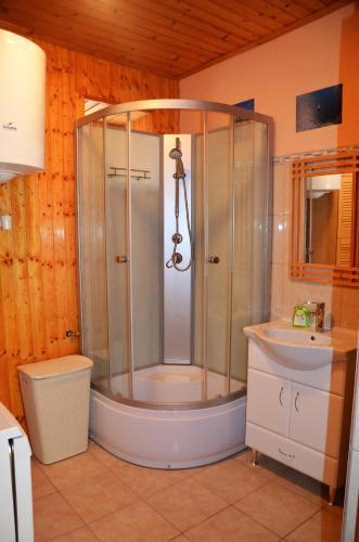 a bathroom with a shower and a sink at Alföldi Vendégház in Hódmezővásárhely