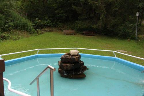 a pool of water with a stack of logs at Garni Hotel Adler Post in Baiersbronn