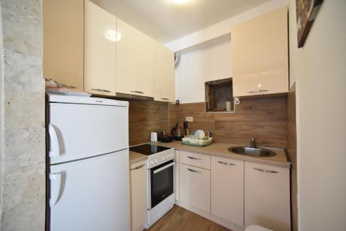 a small kitchen with white appliances and wooden walls at Villa Old Olive 2 in Budva