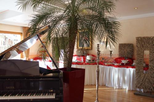 a palm tree in a room next to a piano at Romantik Alpenhotel Waxenstein in Grainau