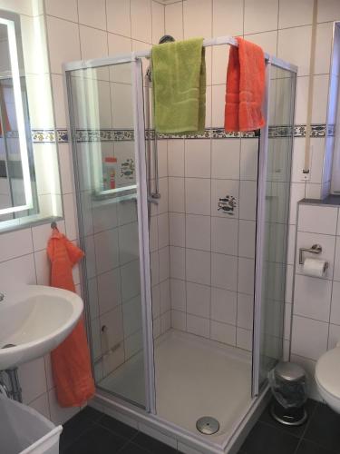 a bathroom with a shower and a sink at Ferienwohnung Fischer in Dietmannsried
