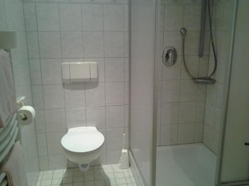a small bathroom with a toilet and a shower at Heidehotel Herrenbrücke in Faßberg