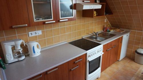 a kitchen with a sink and a stove top oven at Pension Úsvit in Podkopná Lhota