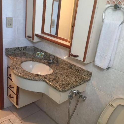a bathroom with a sink and a mirror at Apartamento Cavalinho Branco 501 in Águas de Lindoia
