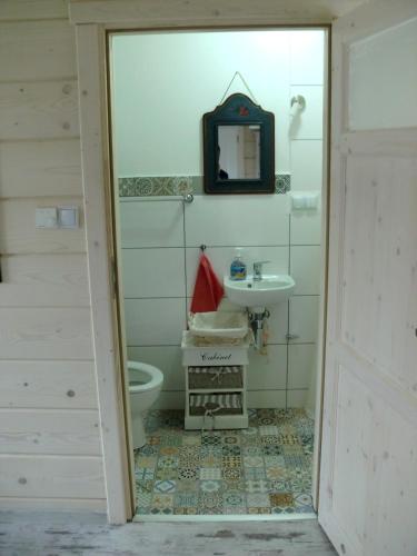 a bathroom with a sink and a toilet at Lawendowa Dolina in Ustroń