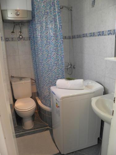 a bathroom with a toilet and a shower curtain at Apartment Adria in Trogir