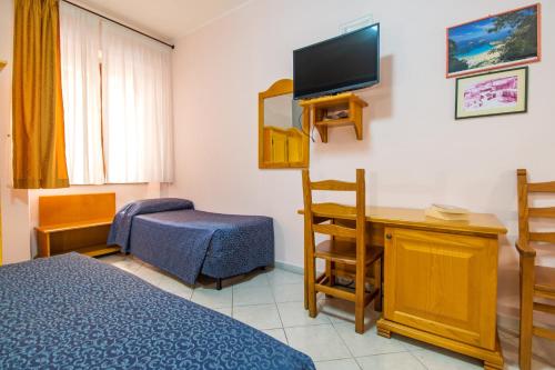 a room with a bed and a desk and a television at Hotel San Francisco in Cala Gonone