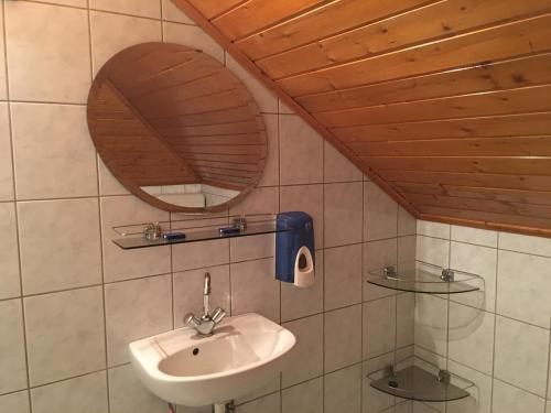 een badkamer met een wastafel en een spiegel bij Termál Vendégház in Veresegyház