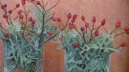 two vases with red flowers in them on a wall at Hotel Boutique Posada Piedras Blancas in Santa Rosa